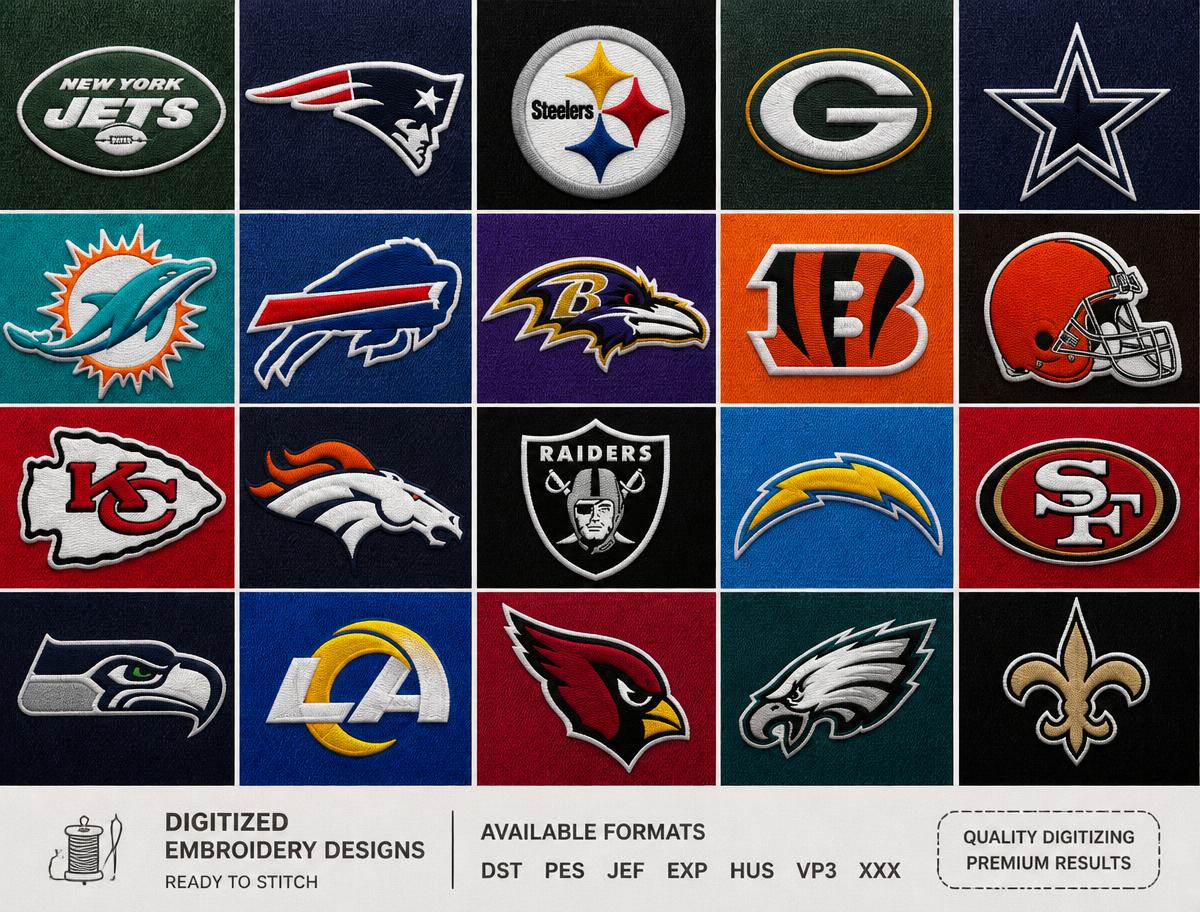 Collage of embroidered team logo patches digitized by Rush Punch
